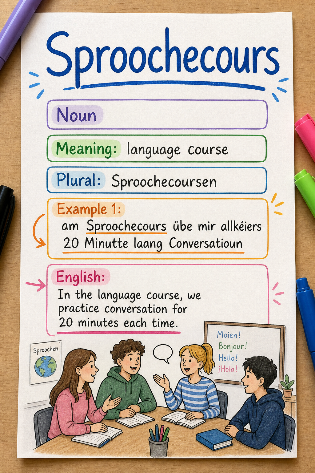 Sproochecours study card